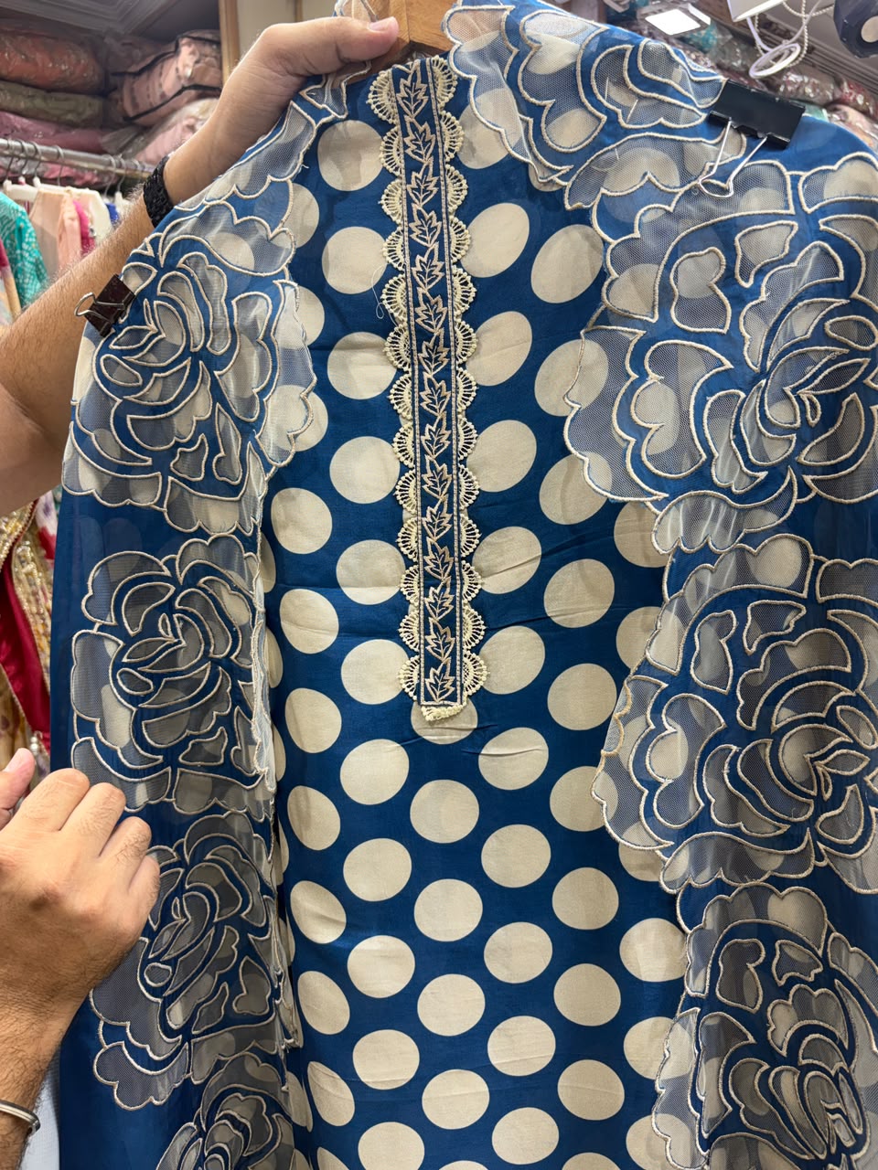 Luxury Muslin Polka Applique Work Heavy Suits