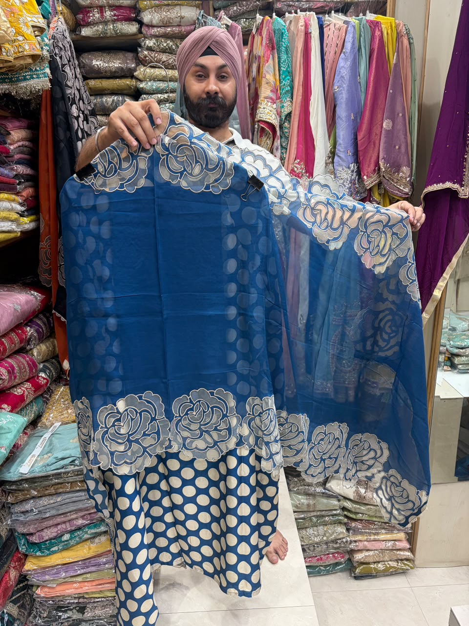 Luxury Muslin Polka Applique Work Heavy Suits