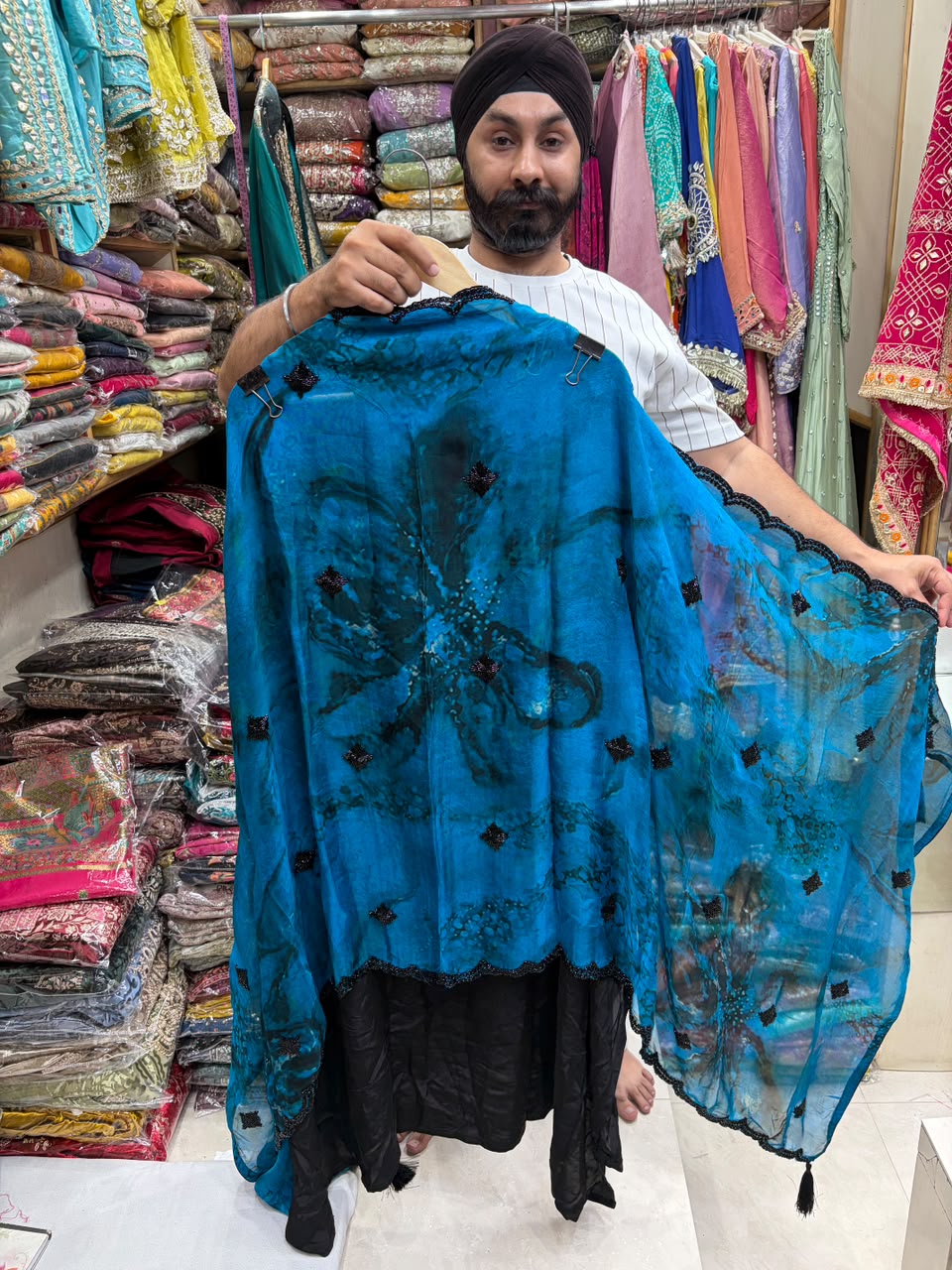 Crepe Black Beads Work Shibori Print Dupatta