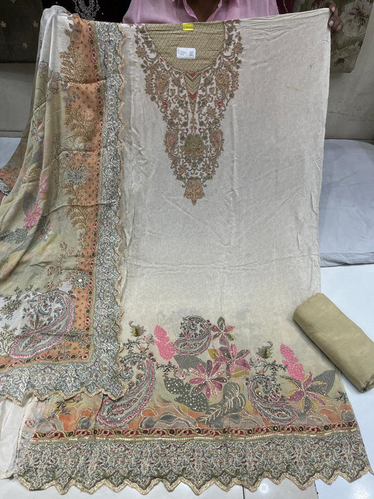 Pure Crepe Zari Embroidered Suits