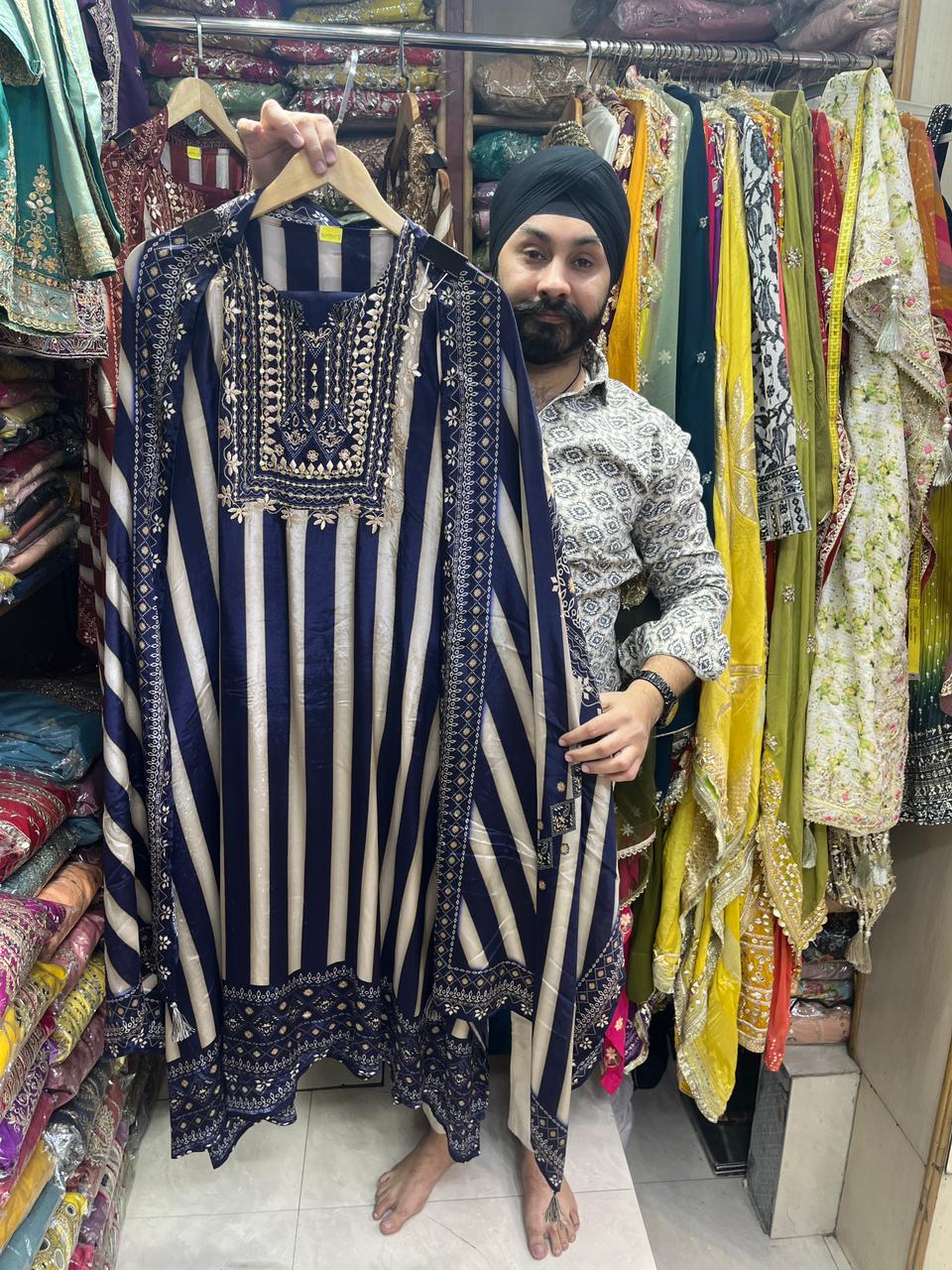 Pure Crepe Stripes Print with Zardozi  Neckline