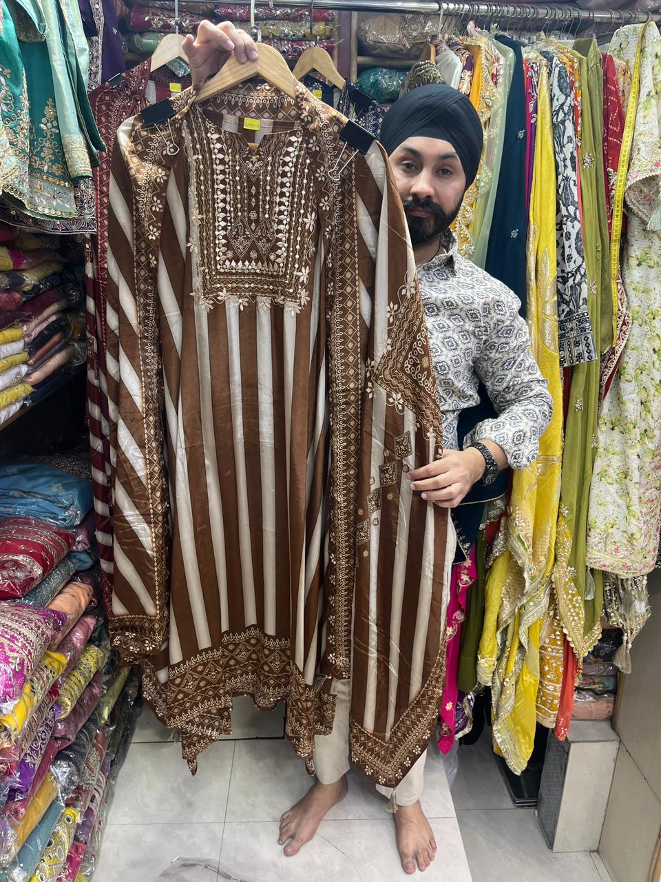 Pure Crepe Stripes Print with Zardozi  Neckline