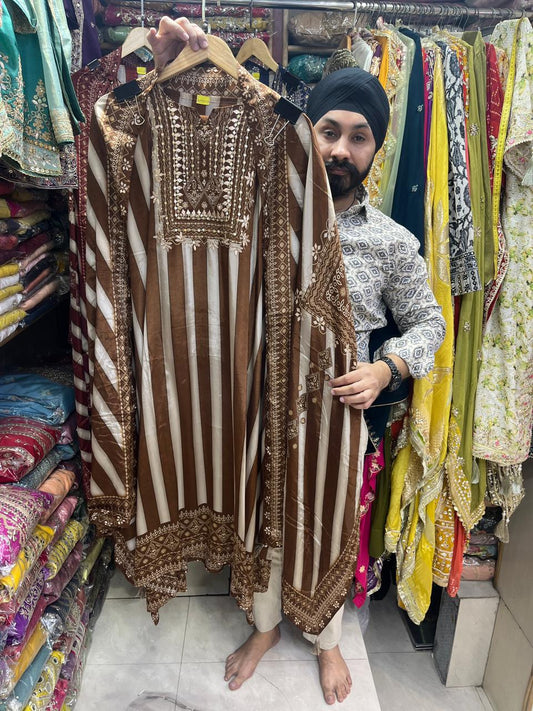 Pure Crepe Stripes Print with Zardozi  Neckline