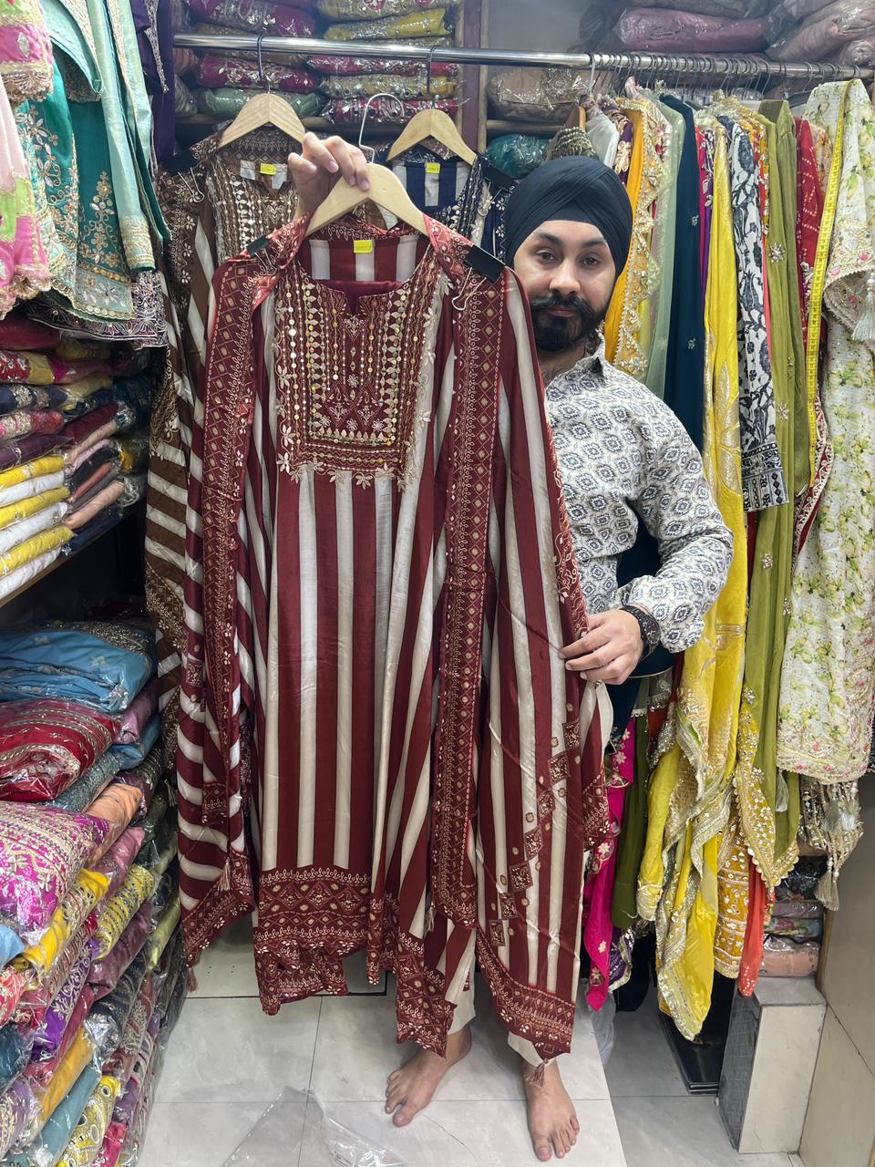 Pure Crepe Stripes Print with Zardozi  Neckline