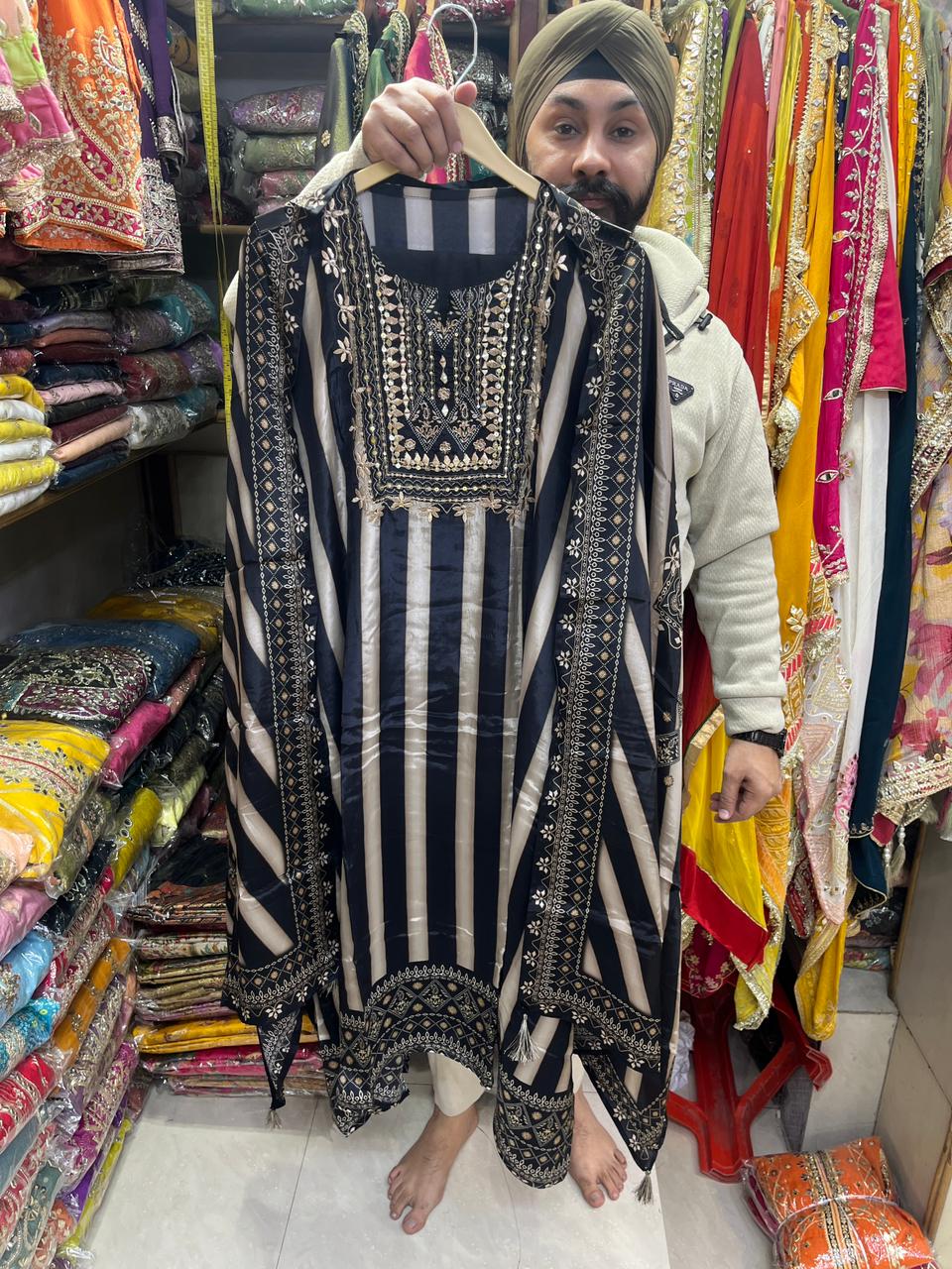 Pure Crepe Stripes Print with Zardozi  Neckline