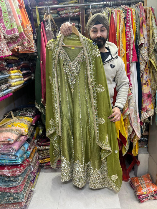 Beautiful Dusty Shades Mirror Work Anarkali