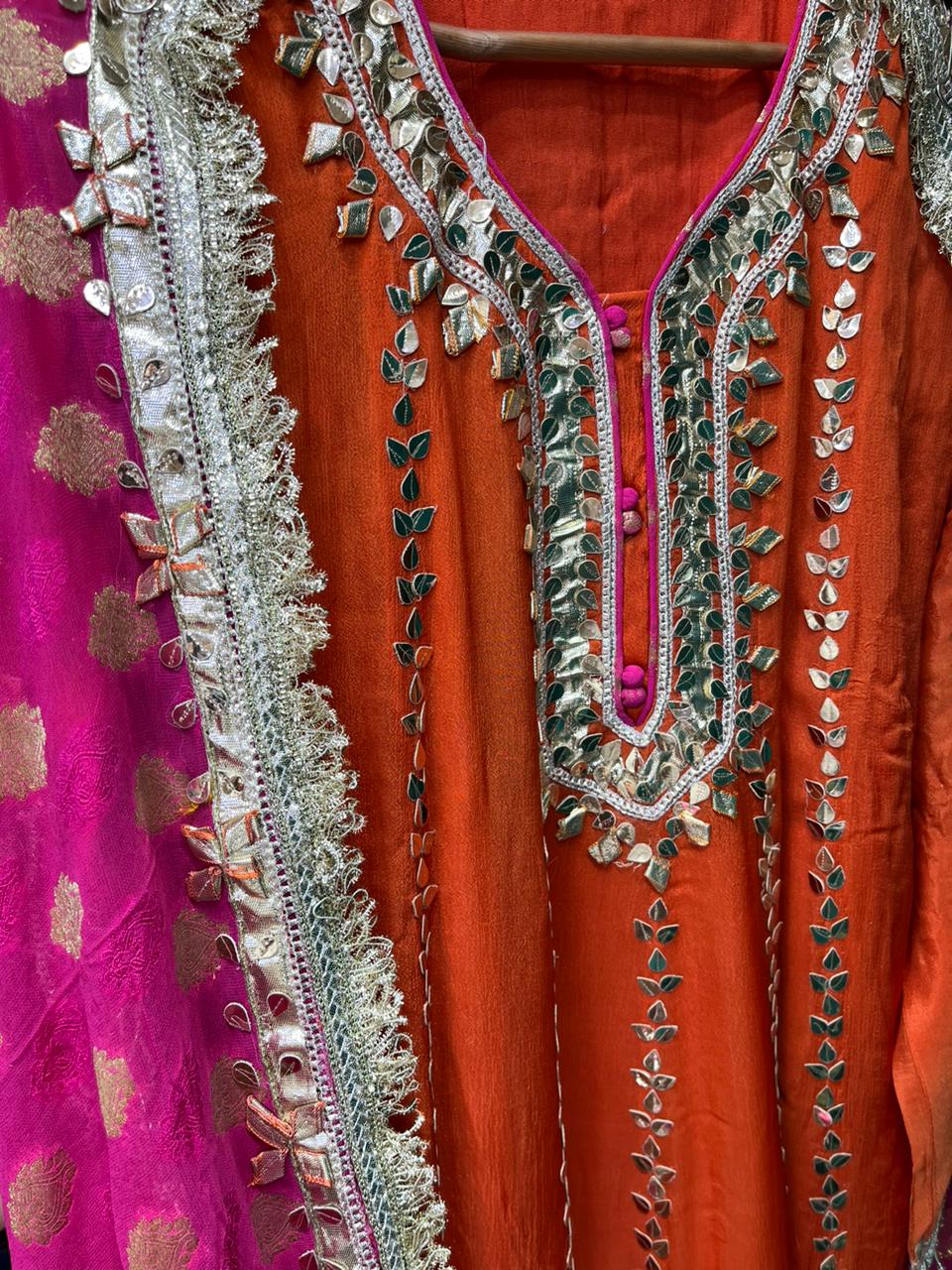 Pure Chinnon Leather Work Heavy Anarkali