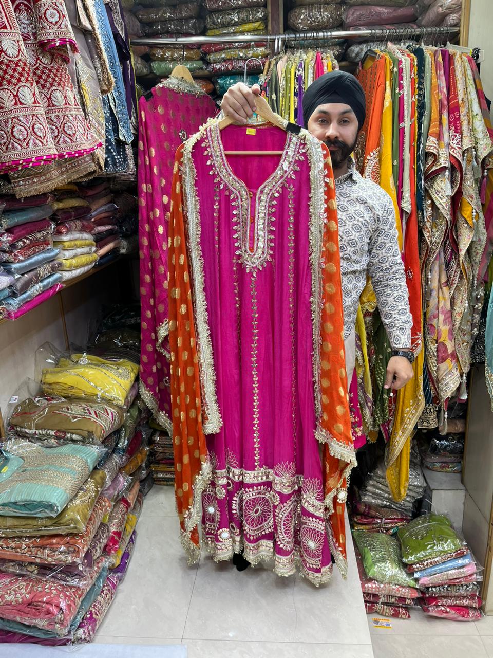 Pure Chinnon Leather Work Heavy Anarkali