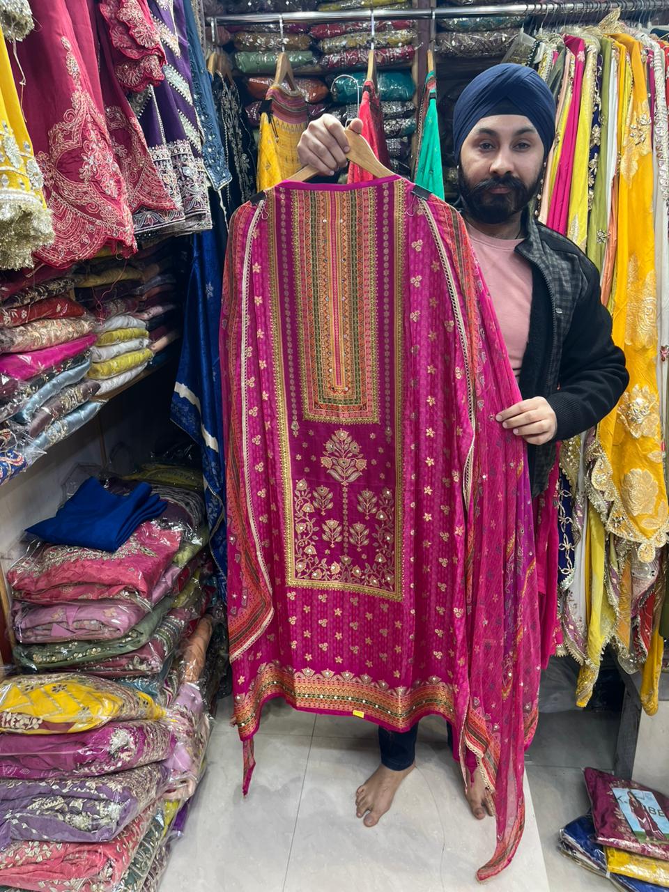 Gajji Silk Unstitched Suit with Mirror Highlights