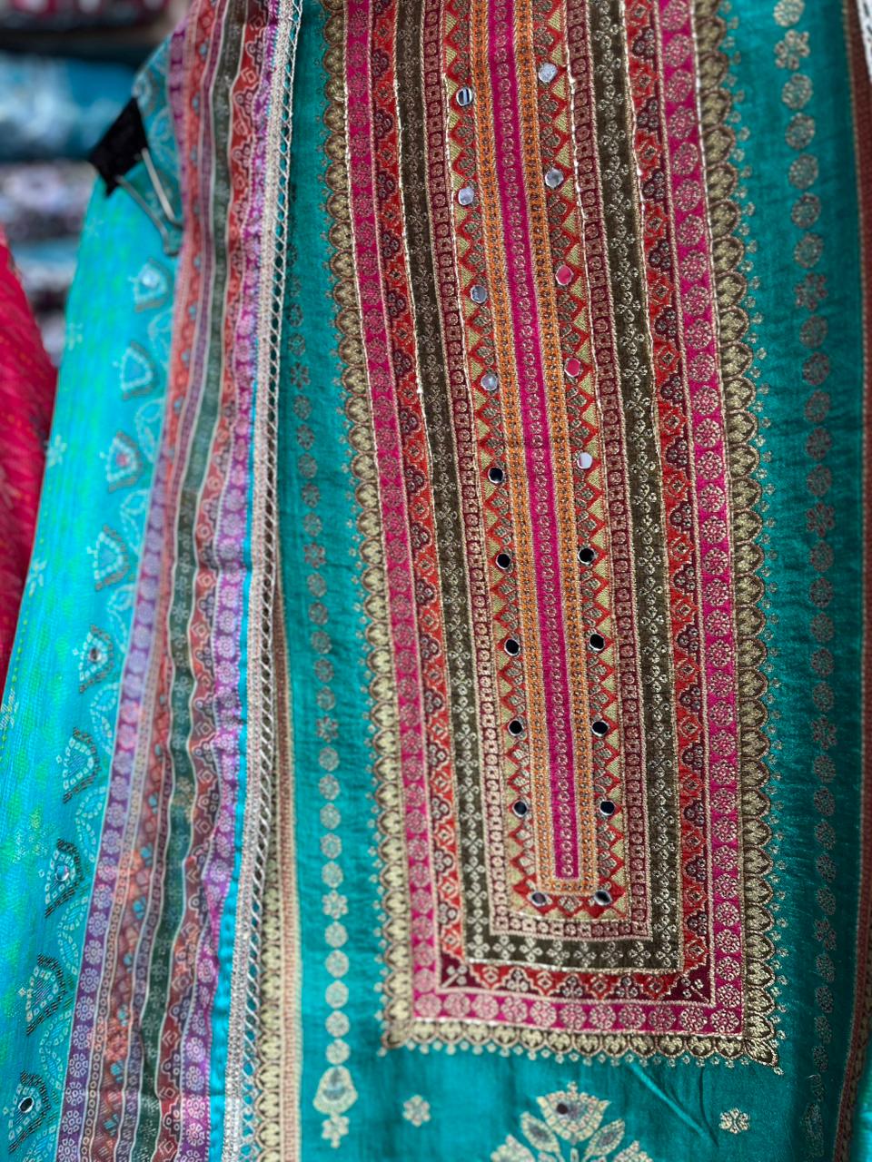 Gajji Silk Unstitched Suit with Mirror Highlights