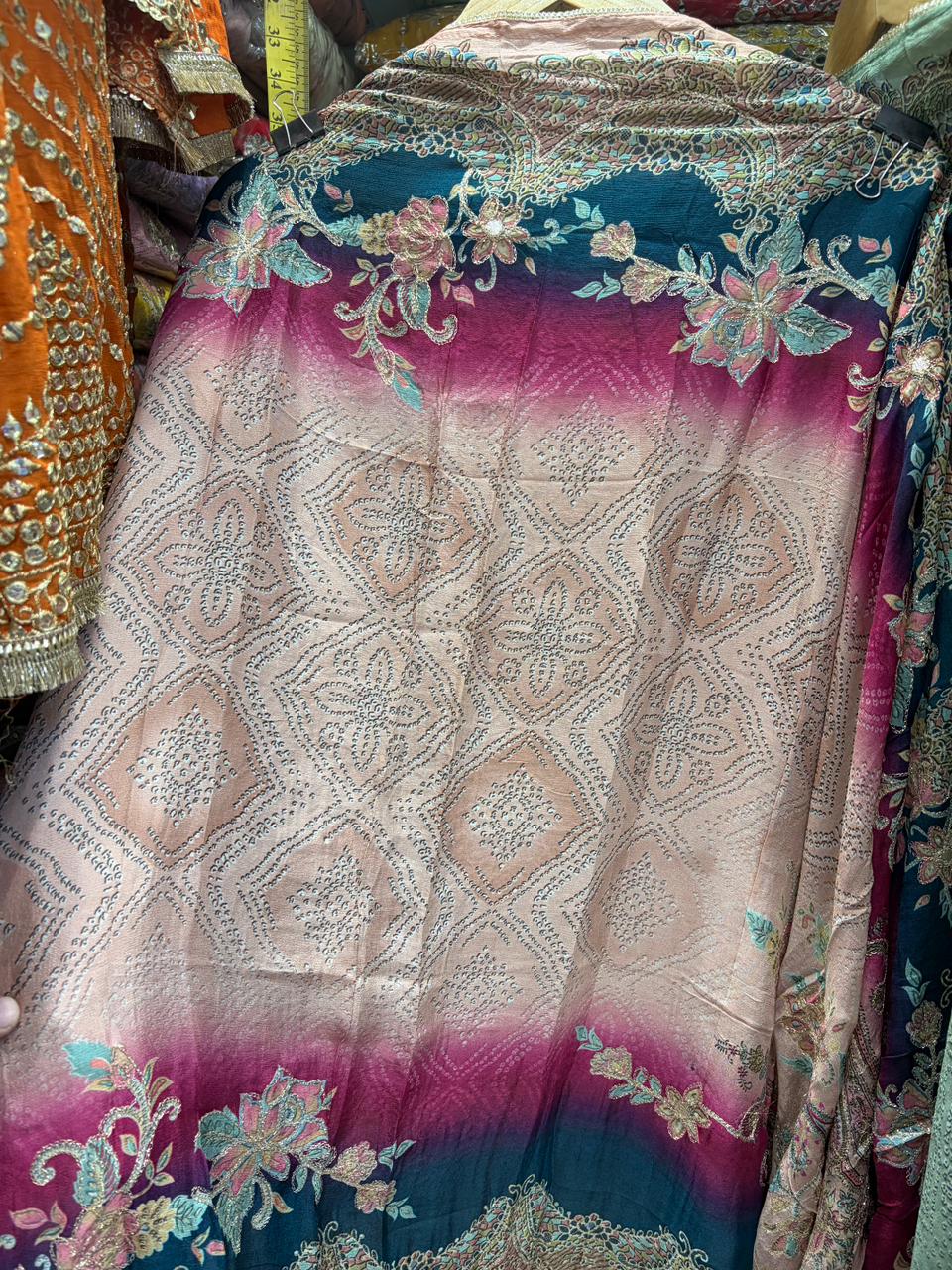 Pure Crepe Floral Print Zari Embroidery Suits