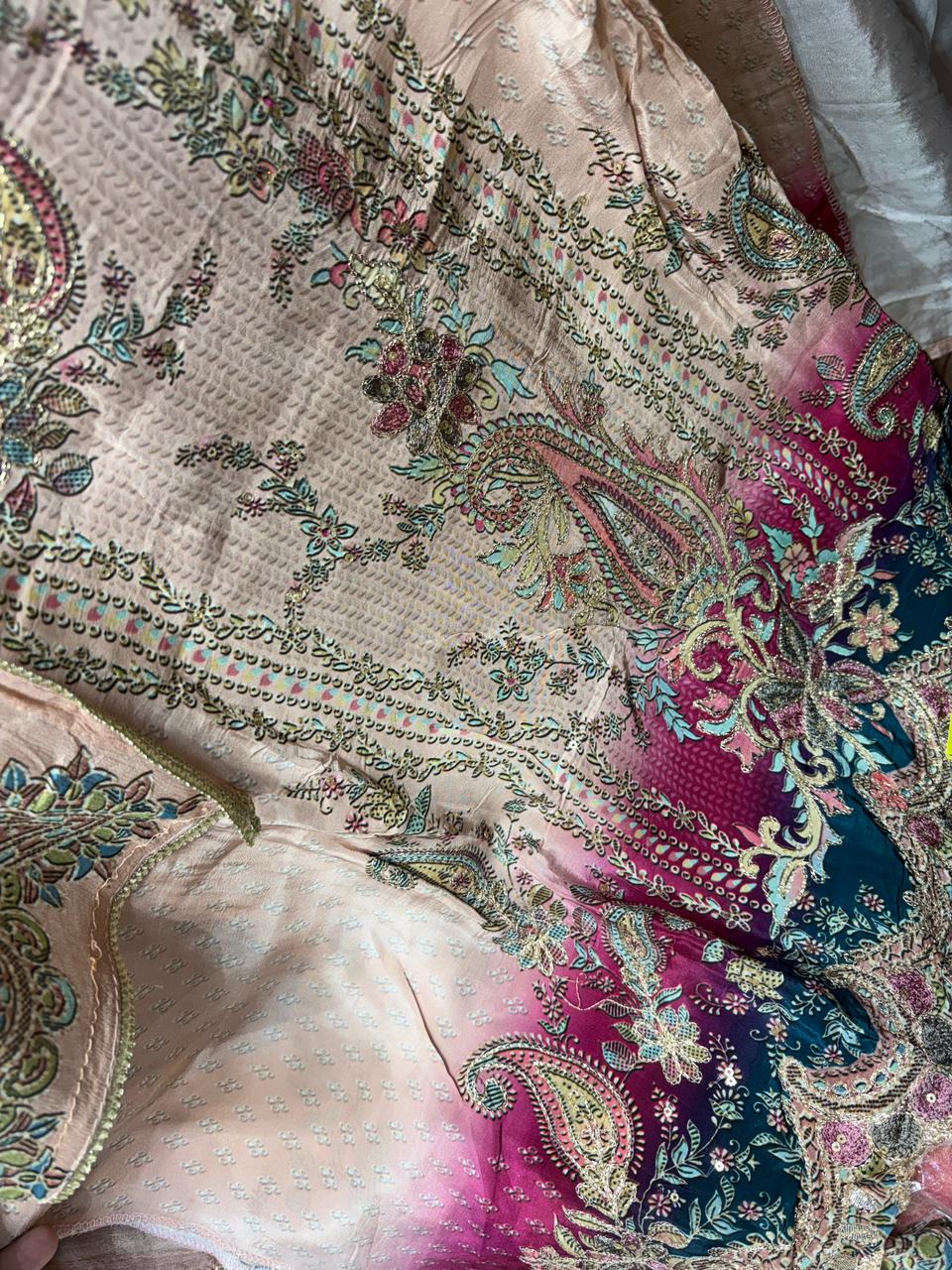 Pure Crepe Floral Print Zari Embroidery Suits