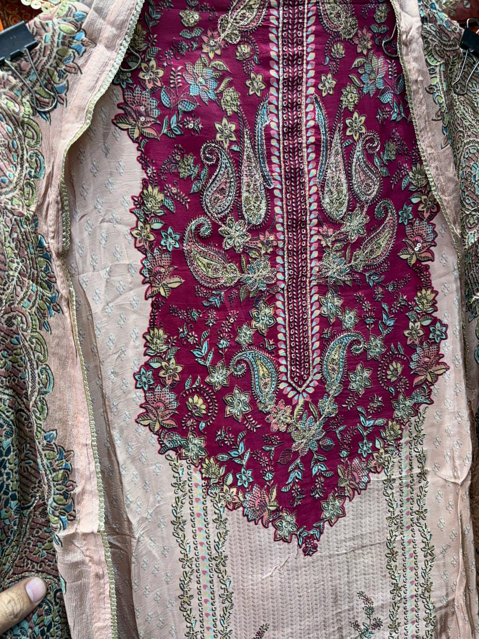 Pure Crepe Floral Print Zari Embroidery Suits