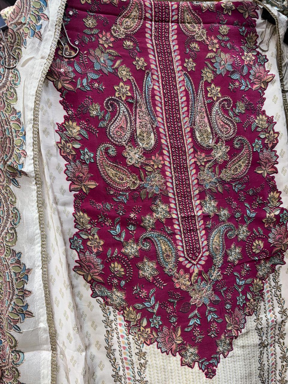 Pure Crepe Floral Print Zari Embroidery Suits