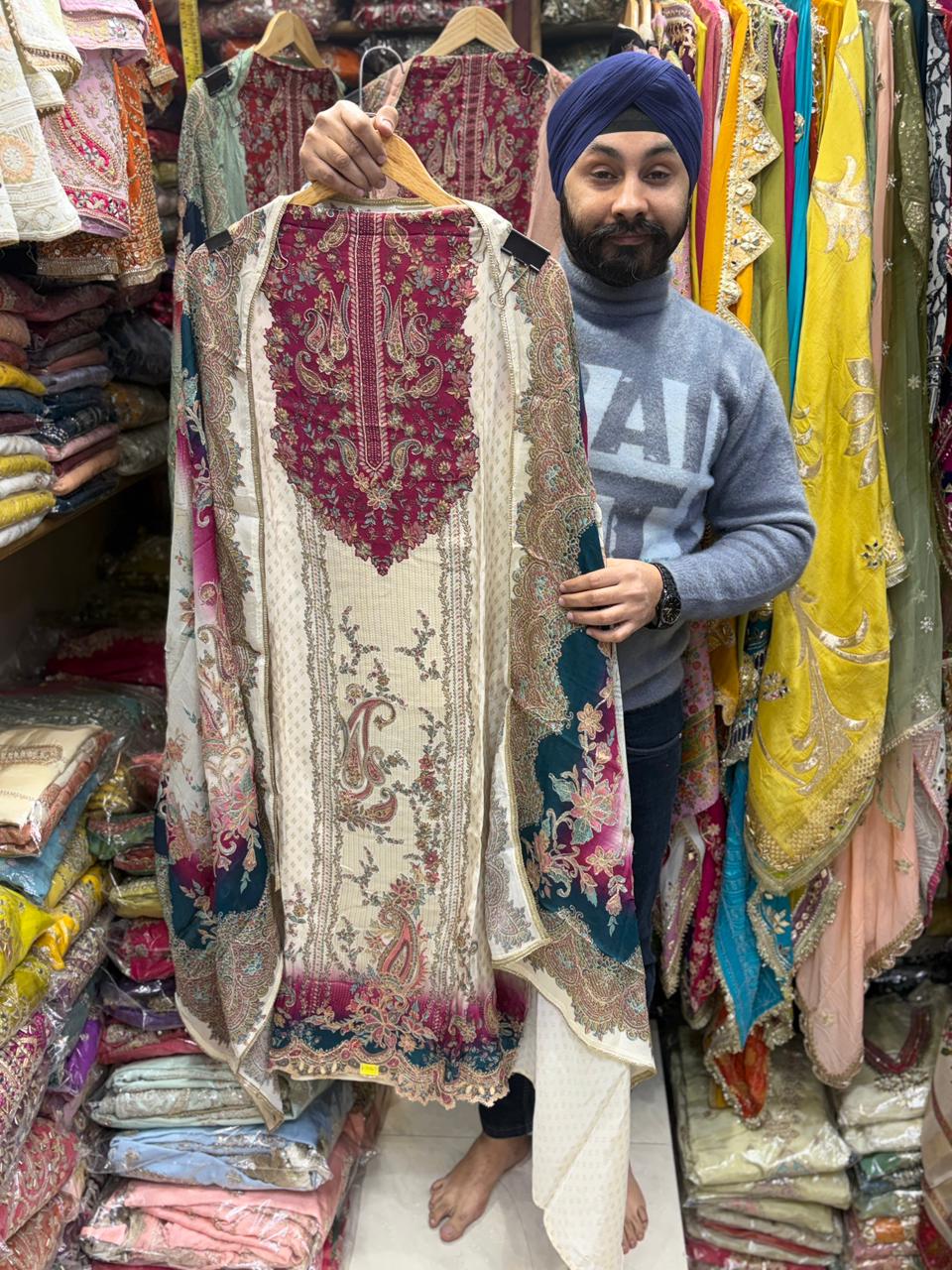 Pure Crepe Floral Print Zari Embroidery Suits