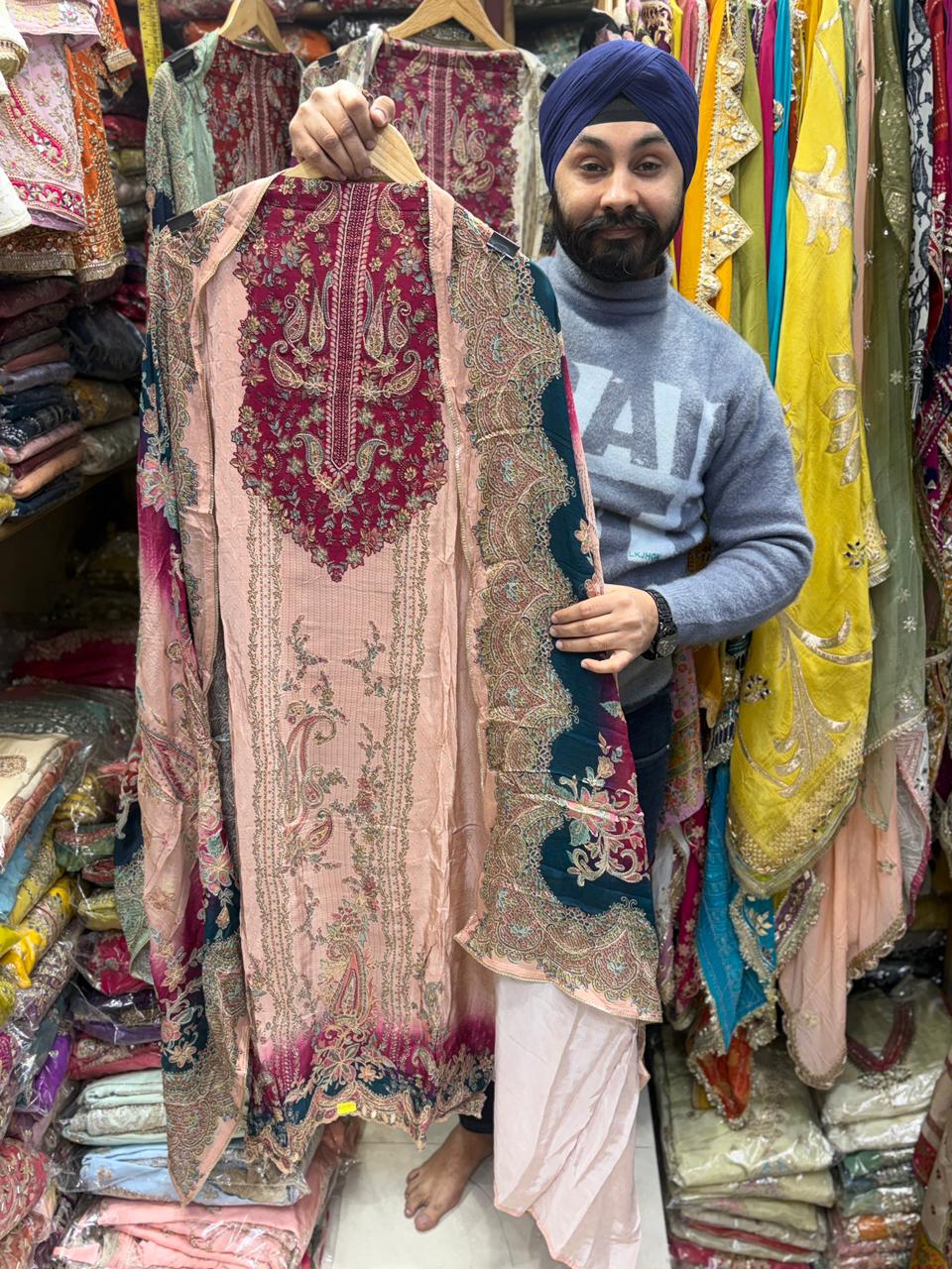 Pure Crepe Floral Print Zari Embroidery Suits