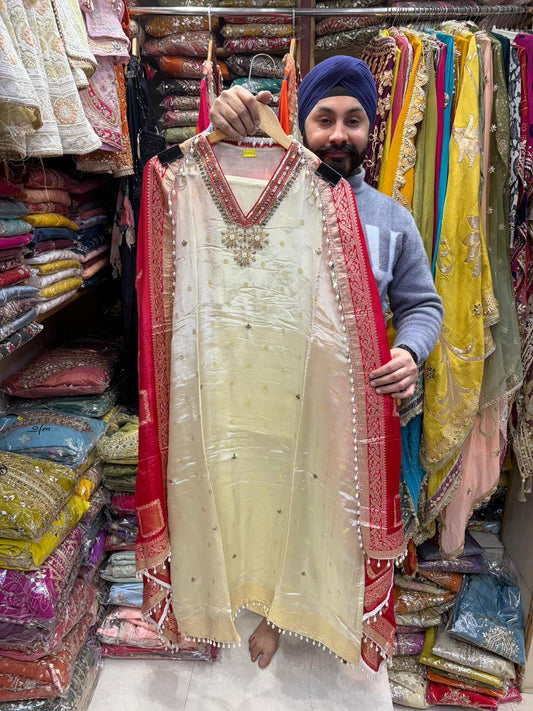 Shimmer with Dola silk Hand Embroidered Suit