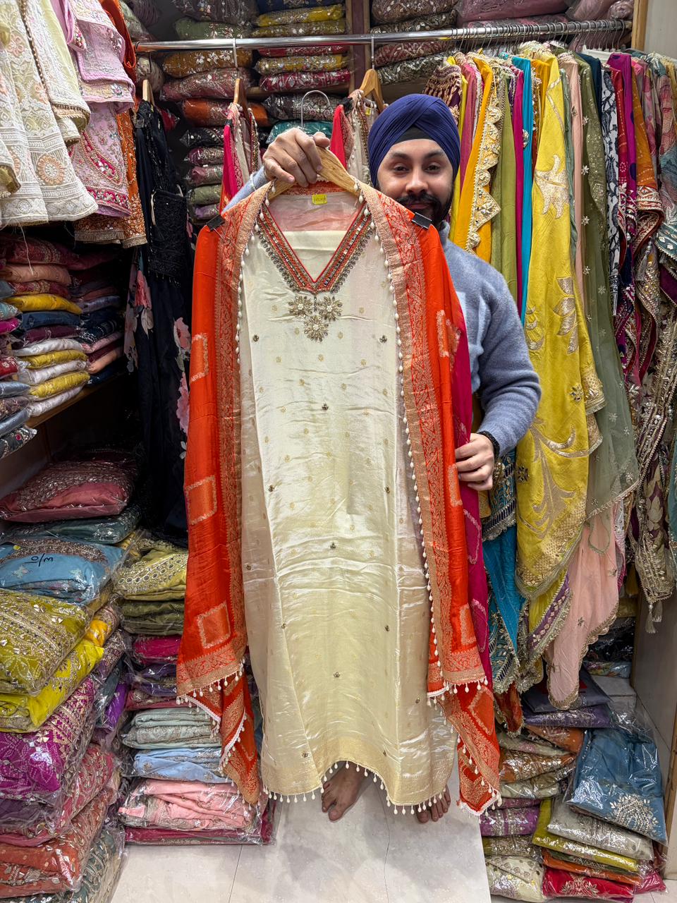 Shimmer with Dola silk Hand Embroidered Suit