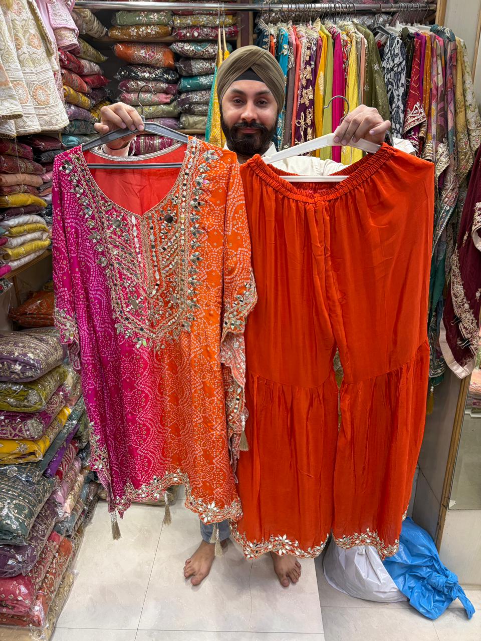 Pure Crepe Bandhni Mirror Kaftan With Garara Set