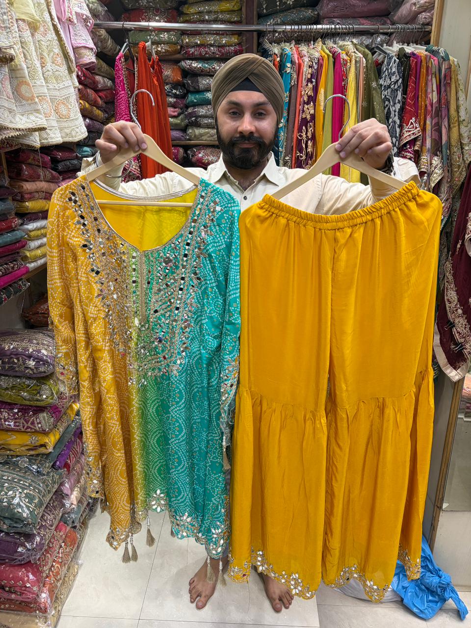 Pure Crepe Bandhni Mirror Kaftan With Garara Set