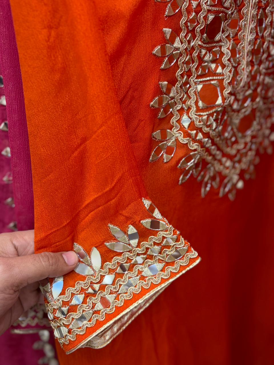 Pure Chinnon Readymade  Banarsi Mirror Work Skirt