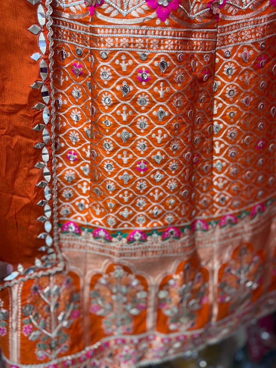 Pure Chinnon Readymade  Banarsi Mirror Work Skirt