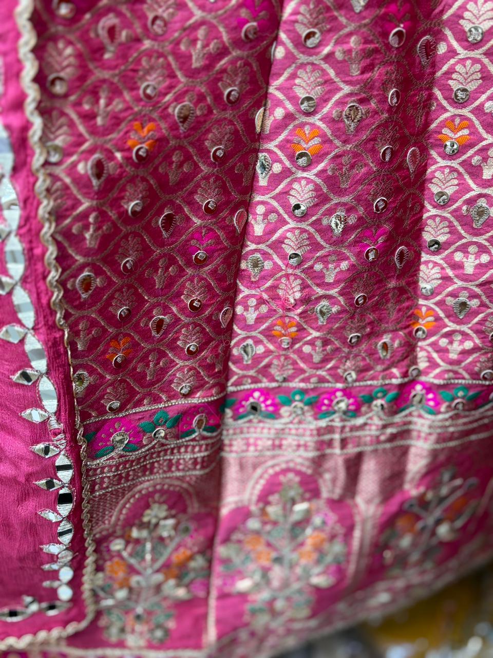 Pure Chinnon Readymade  Banarsi Mirror Work Skirt