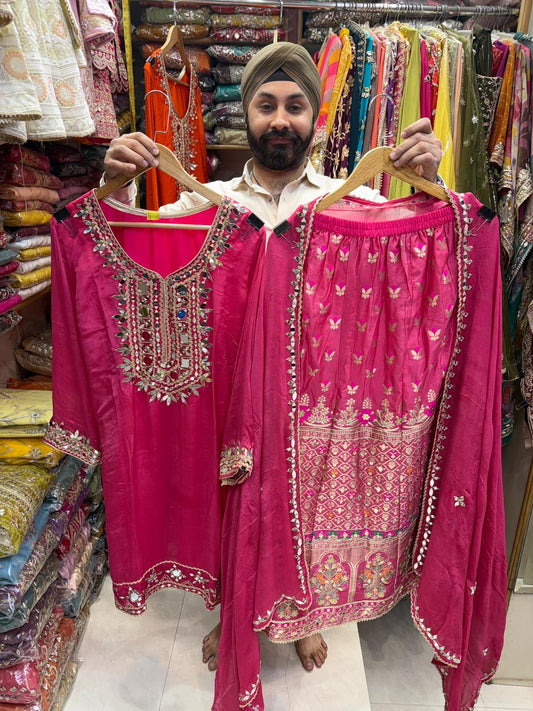 Pure Chinnon Readymade  Banarsi Mirror Work Skirt