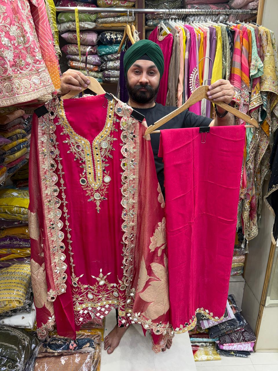 Organza Mirror Bottom Work Shimmer Dupatta Suit