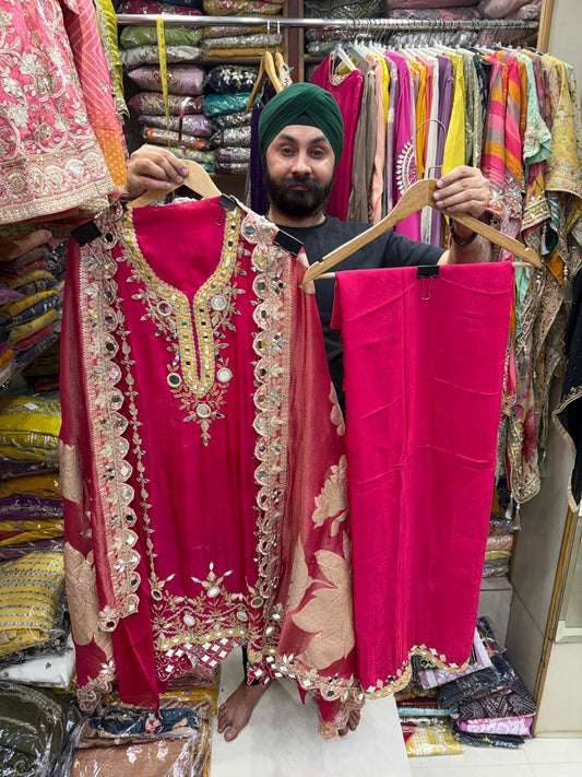Organza Mirror Bottom Work Shimmer Dupatta Suit