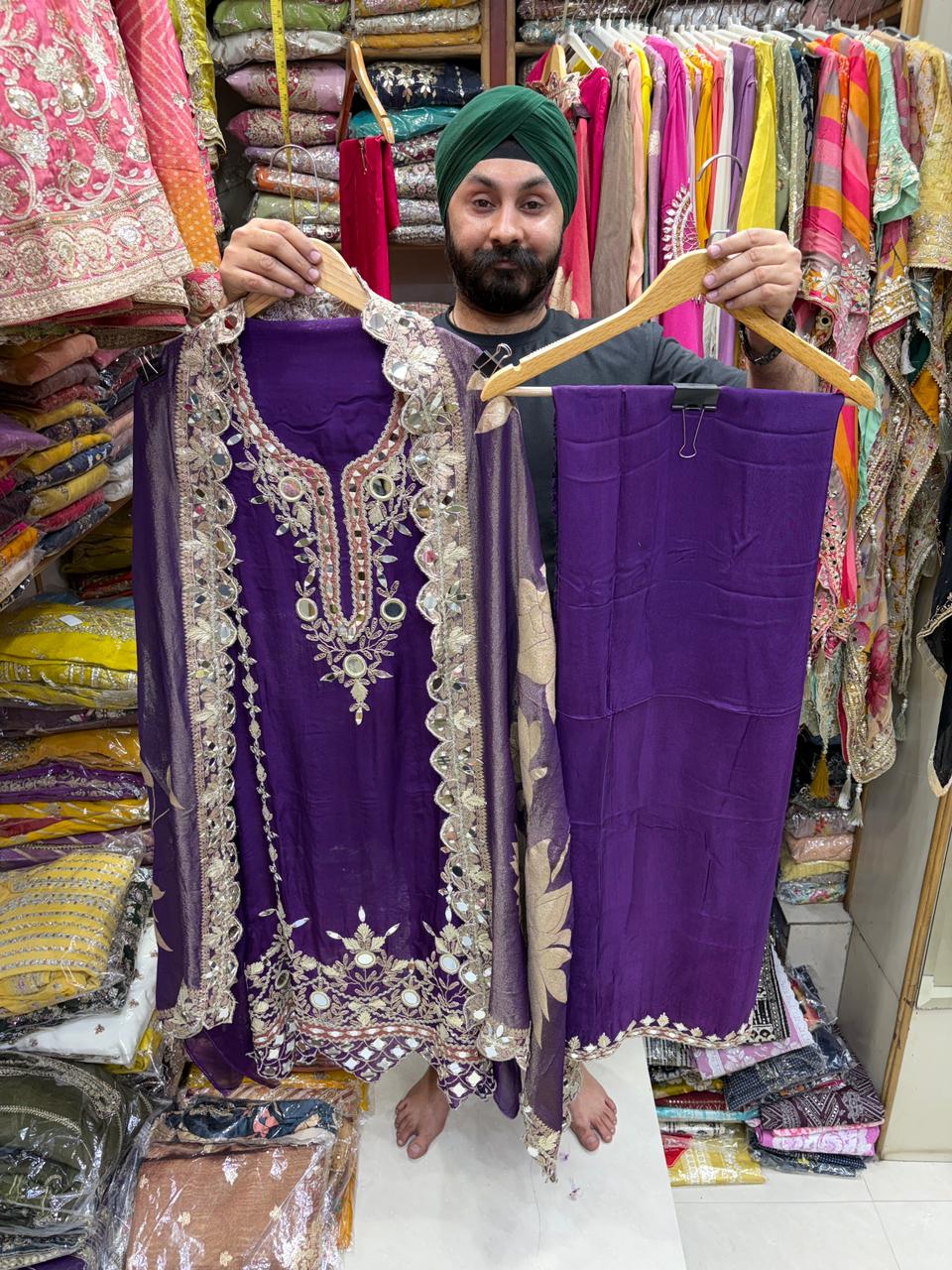Organza Mirror Bottom Work Shimmer Dupatta Suit