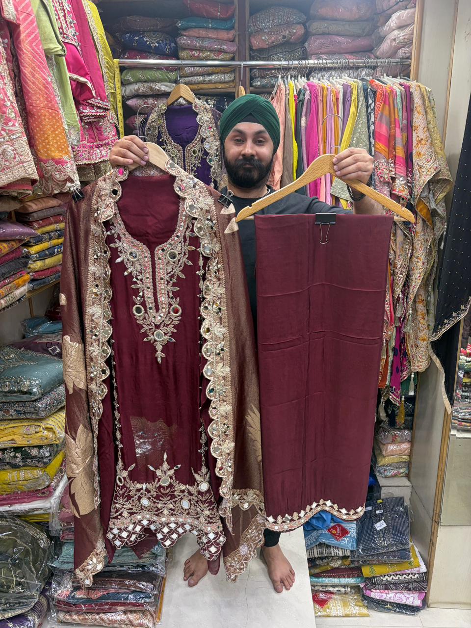 Organza Mirror Bottom Work Shimmer Dupatta Suit
