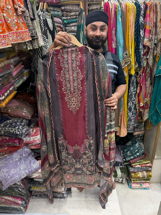 Pure Crepe Floral Zari Work Suit