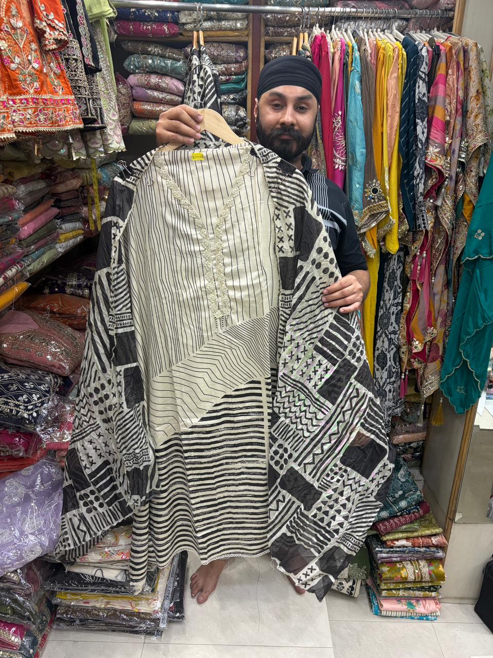 Cream & Black Cotton Pakistani Suit