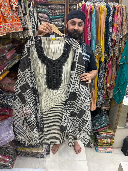 Cream & Black Cotton Pakistani Suit