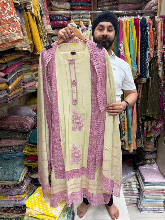 Muslin Pakistani Suit - Karachi Lace Work