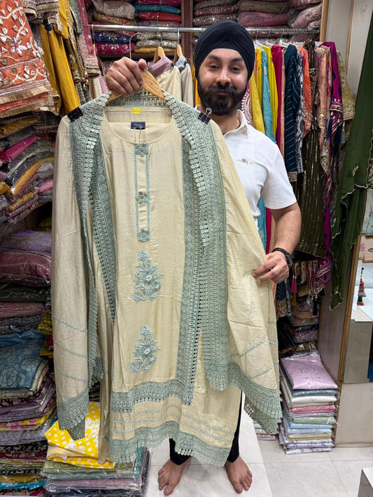 Muslin Pakistani Suit - Karachi Lace Work