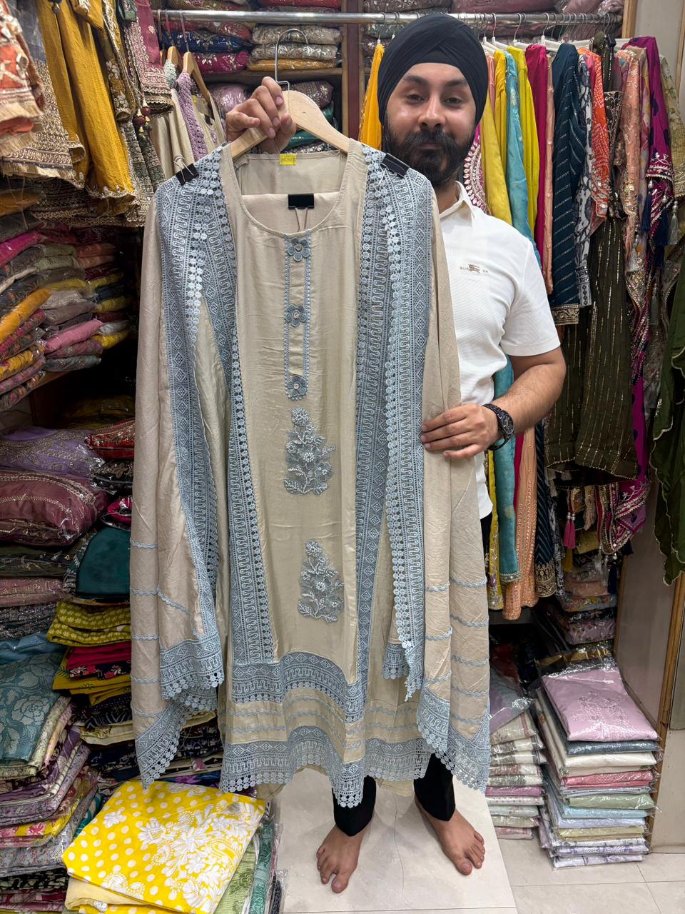 Muslin Pakistani Suit - Karachi Lace Work