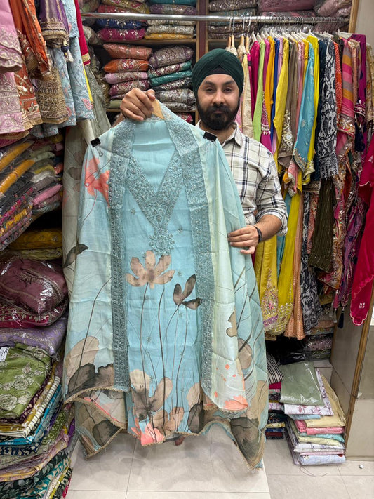 Muslin Floral Print V Neck Heavy Dupatta D no 3