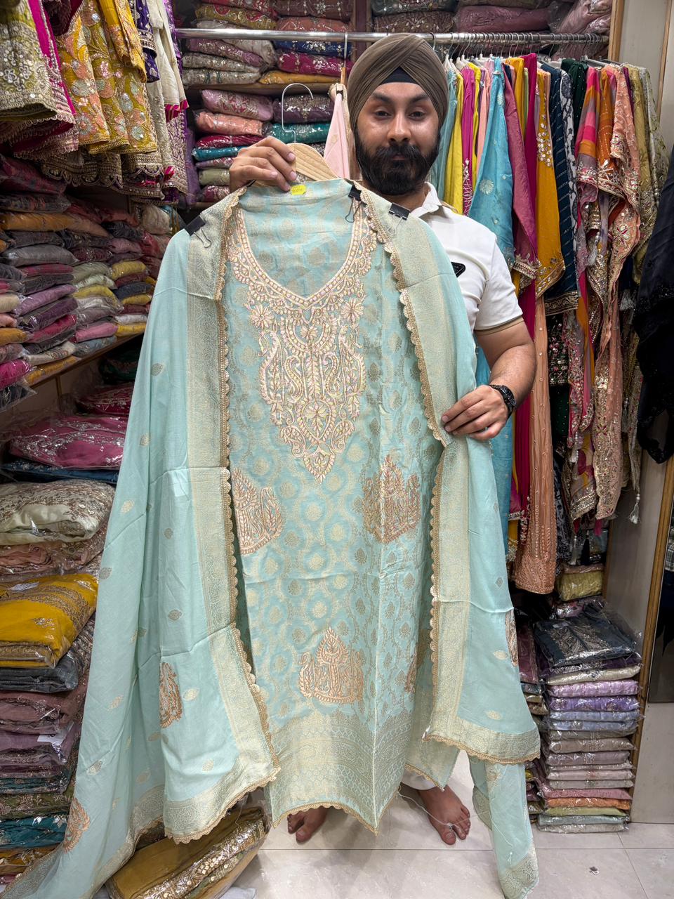 Pure Mul Cotton Banarsi Leather Work
