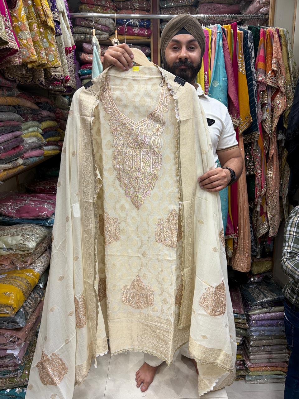 Pure Mul Cotton Banarsi Leather Work