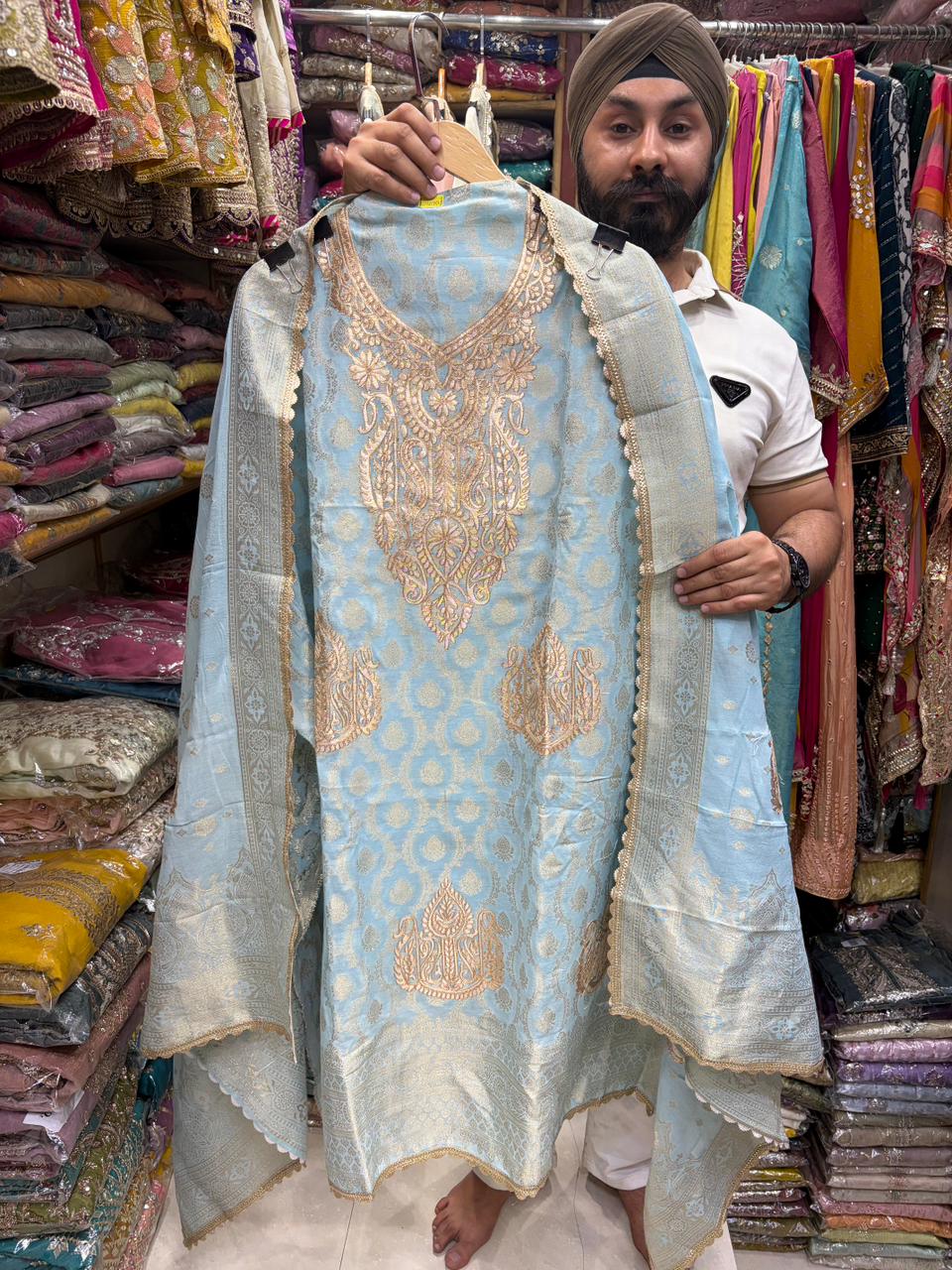 Pure Mul Cotton Banarsi Leather Work