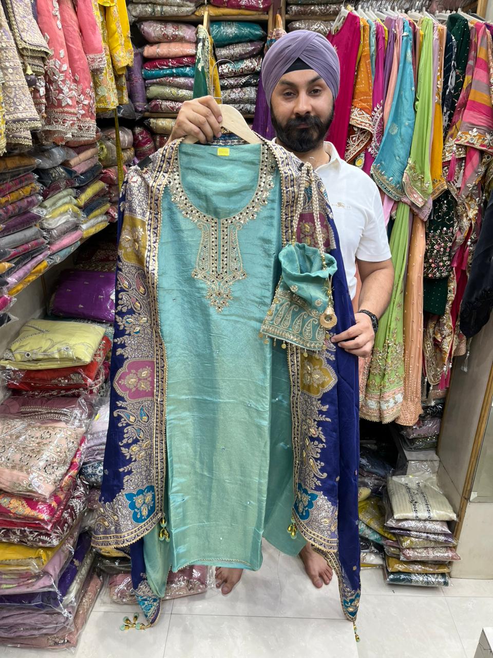 Shimmer Silk Designer Neck Organza Dupatta - Potli