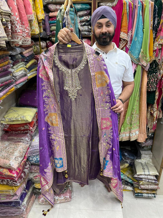 Shimmer Silk Designer Neck Organza Dupatta - Potli
