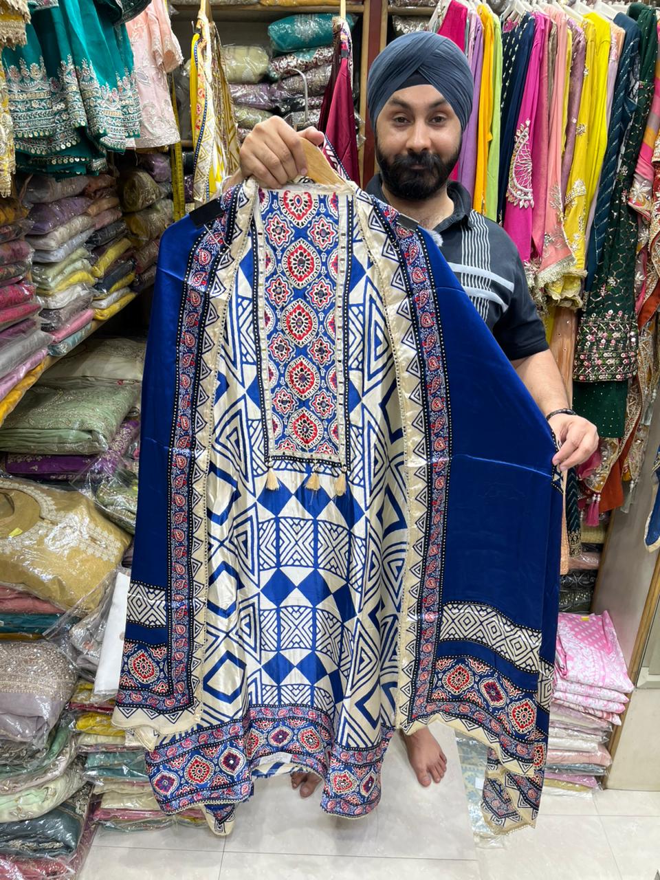 Gajji Ajrakh Print Neck Mirror Work - Design no 15