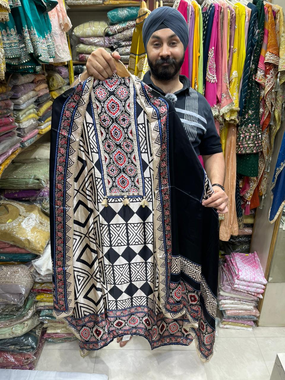 Gajji Ajrakh Print Neck Mirror Work - Design no 15