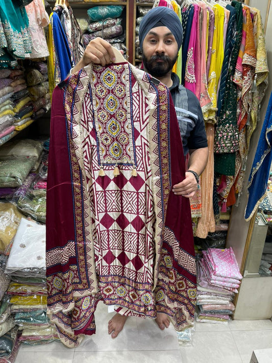 Gajji Ajrakh Print Neck Mirror Work - Design no 15