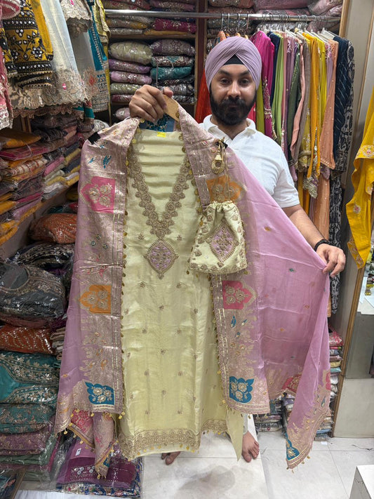 Organza Banarsi Contrast V Neck Potli New Edition