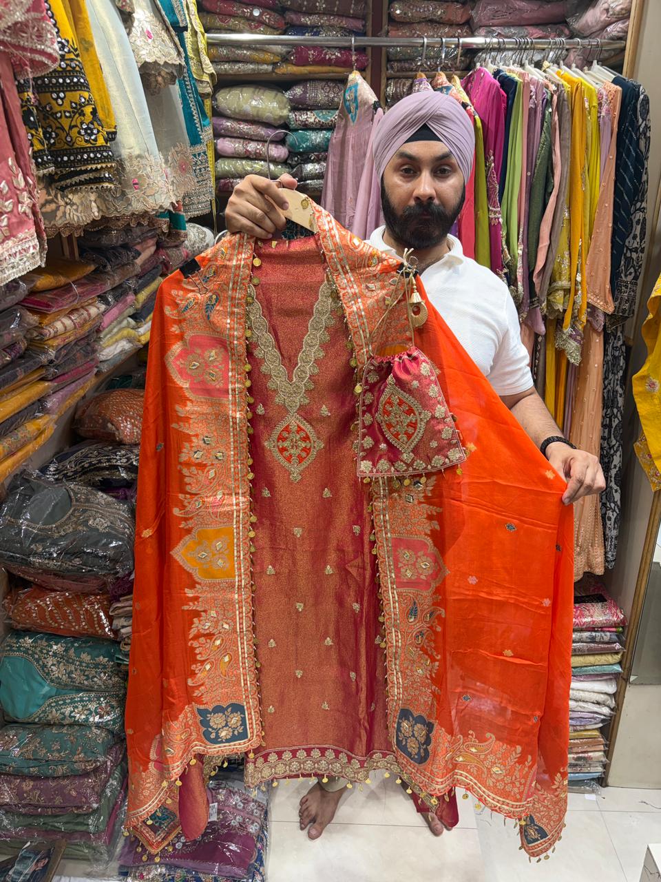 Organza Banarsi Contrast V Neck Potli New Edition