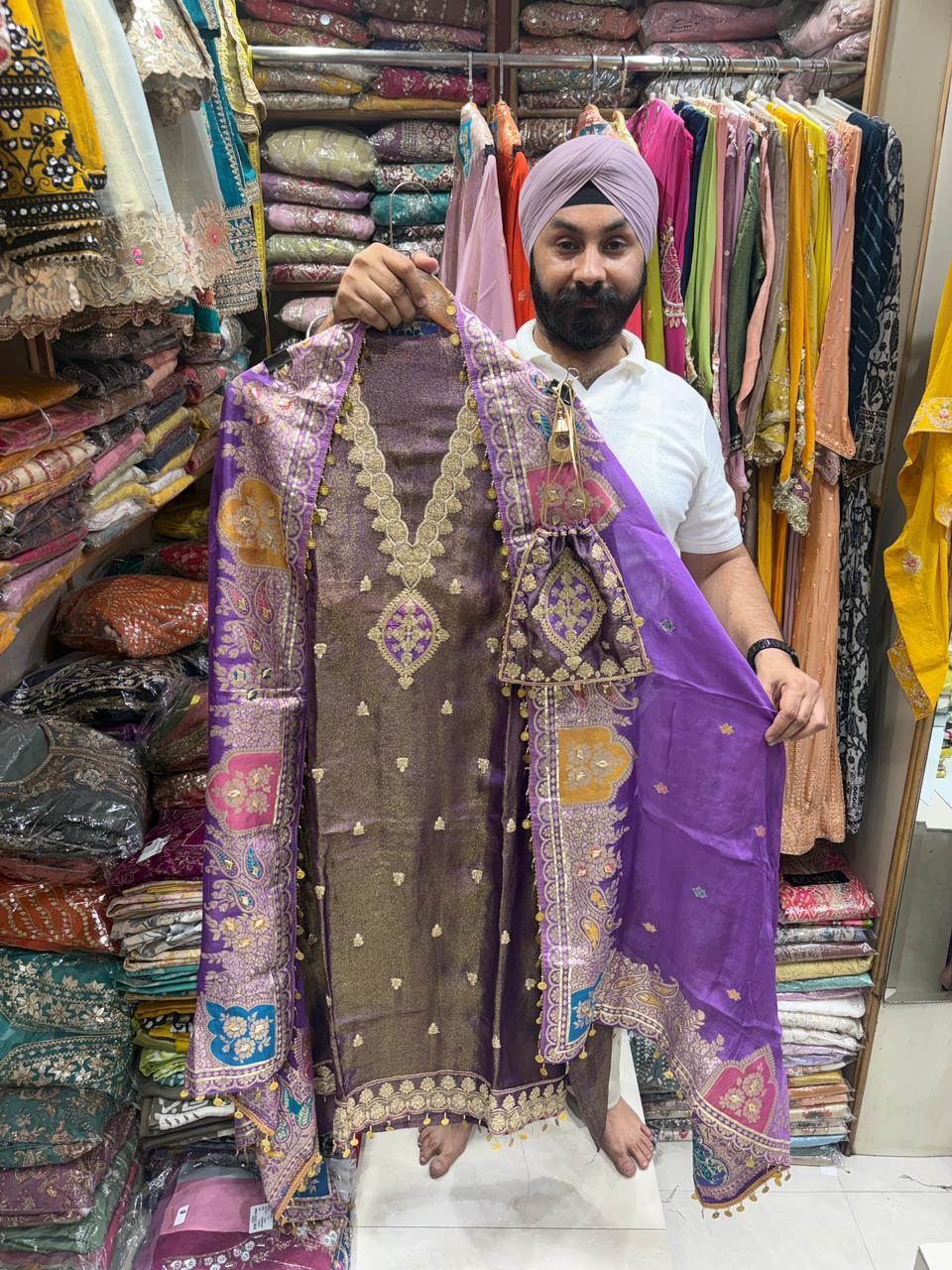 Organza Banarsi Contrast V Neck Potli New Edition